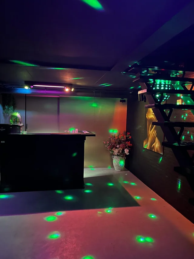 Afgewerkte kelderbar met bar, groene sfeerlichten en wandafwerking.